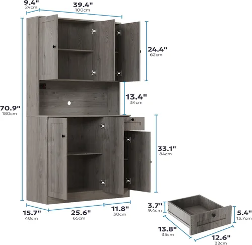 Miniatura 2 de Furnify Armario de despensa de 71 pulgadas de alto con estación de carga, armario alto de almacenamiento de despensa de cocina con soporte