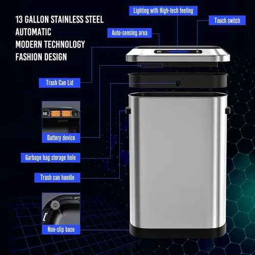 Miniatura 5 de Cubo de basura inteligente automático plateado de 13 galones de 50 litros con tapa para cocina, oficina, dormitorio, cubo de basura y más, cuerpo