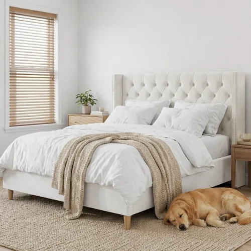 Miniatura 14 de Base de cama matrimonial con cabecera de almacenamiento con respaldo alado de 51.8 pulgadas, plataforma tapizada gris con estación de carga (tipo C)