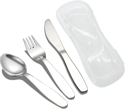 Miniatura 10 de VANRA Juego de 2 cucharas de tenedor para niños con estuche de viaje para lonchera, acero inoxidable 18/8 para niños, cubiertos para niños, juego