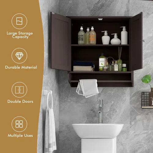 Miniatura 7 de Tangkula Armario de baño montado en la pared, botiquín de baño con barra y puerta doble, estante ajustable, almacenamiento sobre el inodoro, Marrón