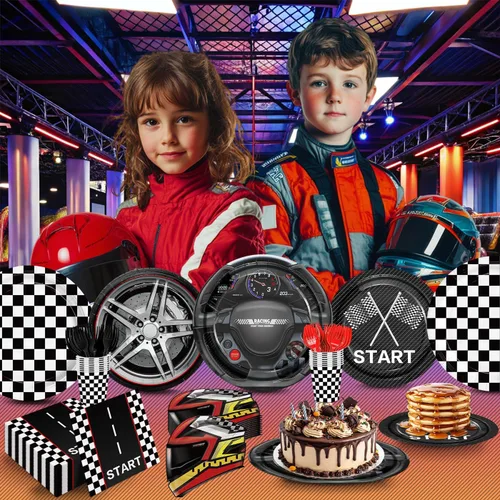 Miniatura 6 de Juego de 144 platos de carreras de autos de carreras, servilletas, suministros de fiesta, vasos de papel con temática de carreras, decoración