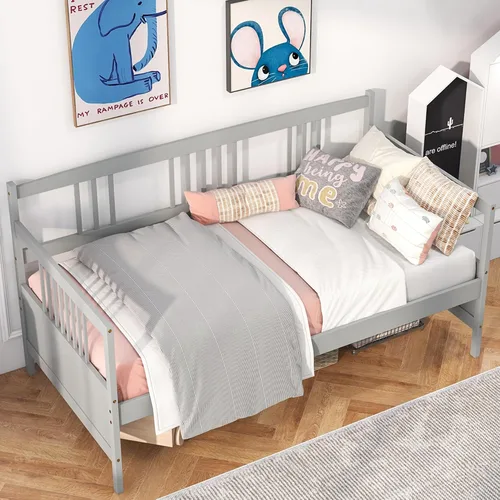 Miniatura 11 de KOMFOTT Marco de sofá cama de madera tamaño individual, marco de cama de sofá con soporte de listones de madera, no necesita somier, marco de sofá