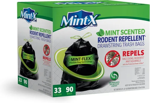 Mint-X Repelente de roedores, bolsas de basura para exteriores e industriales con cordón y tecnología Mint-Flex; 33 galones, 90 unidades, color negro