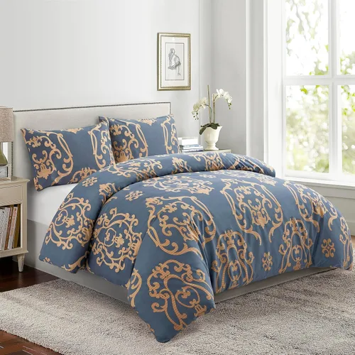 Miniatura 14 de Marina Decoration Juego de funda de edredón de 3 piezas con 2 fundas de almohada, con estampado floral de tinta azul, tamaño King Azul Inkwash Floral