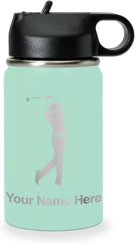 Miniatura 25 de LaserGram Botella de agua personalizada, golfista de golf, acero inoxidable de doble pared aislada al vacío con popote superior, regalo grabado Negro