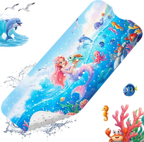 Miniatura 22 de XIYUNTE Tapete de baño para bebé, para niños, 40 x 16 pulgadas, extralargo, antideslizante, de caricaturas, para tina o ducha, con ventosas