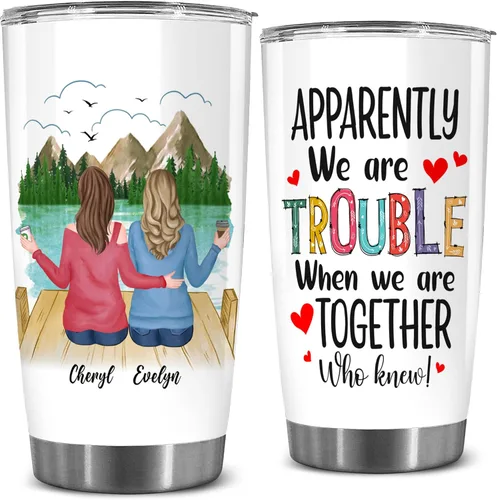Miniatura 16 de WHIDOBE Vaso personalizado para hermana (2 mujeres) personalizado de 20 onzas con avatar, nombre – Taza de viaje para mejor amiga, regalo de amistad