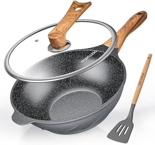ITSMILLERS Wok antiadherente y sartén de 12.5 pulgadas con espátula, de aluminio fundido a presión, resistente a los arañazos, wok saludable con