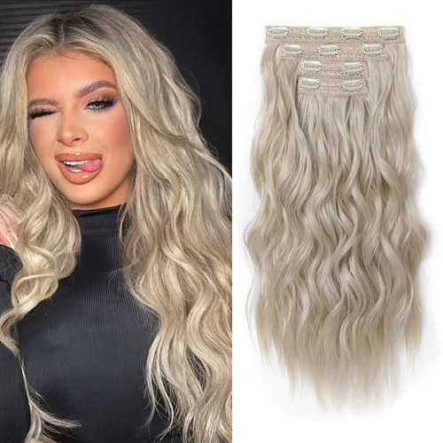 Miniatura 20 de REECHO Extensiones de cabello con pinza, 4 piezas de extensiones de cabello rubio de 24" de largo, ondas de playa gruesas, HE003, trama de encaje