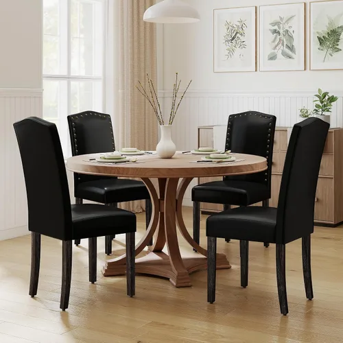 Miniatura 18 de LSSPAID Juego de 4 sillas de comedor, modernas y cómodas sillas Parsons tapizadas de lino con ribete de cabeza de clavo de bronce y patas de madera