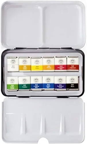 Mungyo Juego Profesional de Acuarelas de Media Pastilla en Estuche de Lata/Paleta de Mezcla Integral en la Tapa (12 Colores)