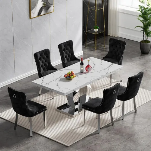 Miniatura 14 de Juego de mesa de comedor de mármol sintético, 7 piezas, juego de mesa de cocina y comedor para 6, mesa de comedor rectangular blanca de 70 pulgadas