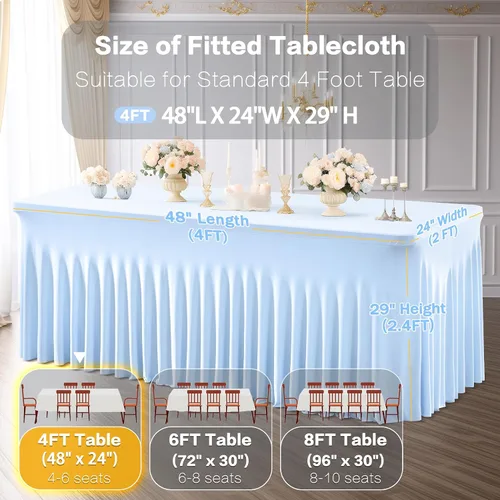 Miniatura 3 de Paquete de 2 manteles color azul bebé para mesa rectangular de 4 pies, manteles de elastano elásticos de 4 pies, falda blanca rectangular para baby