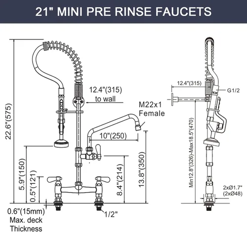 Miniatura 5 de Grifo de Cocina Comercial de Montaje en Cubierta con Rociador de Pre-Enjuague Altura de 21" Grifo de Fregadero de Cocina Centro de 8 Pulgadas