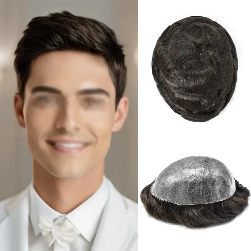Miniatura 114 de Toupee para hombres Sistema de reemplazo de cabello humano real para hombres Completo PU Mens Hairpiece de aspecto natural para hombre piezas