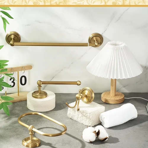 Miniatura 7 de Juego de 4 Piezas de Accesorios de Baño de Latón Antiguo Dorado Montados en la Pared Toallero y Anillo para Toallas y Portapapel Higiénico y Gancho
