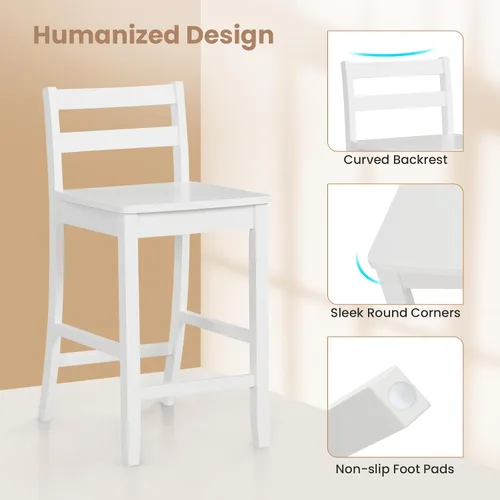 Miniatura 7 de COSTWAY Juego de 2 taburetes de bar de madera, taburetes de altura de mostrador de 24 pulgadas con respaldo ergonómico y reposapiés, sillas de Blanco