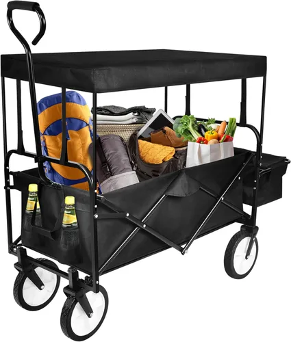 YSSOA - Carro de mano portátil y resistente con toldo extraíble, ruedas de 8 pulgadas, asas ajustables y doble tela para ir de compras, picnic,