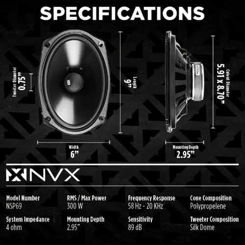 Miniatura 3 de NVX NSP69 Paquete de altavoces coaxiales de 2 vías de 6 x 9 con arnés Metra 72-1002 – 900 W pico, tweeters de cúpula de seda, instalación