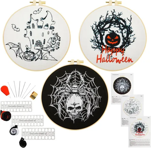 Armindou Kit de bordado de Halloween para principiantes y adultos, kit de punto de cruz estampado para adultos principiantes, kit de bordado a mano