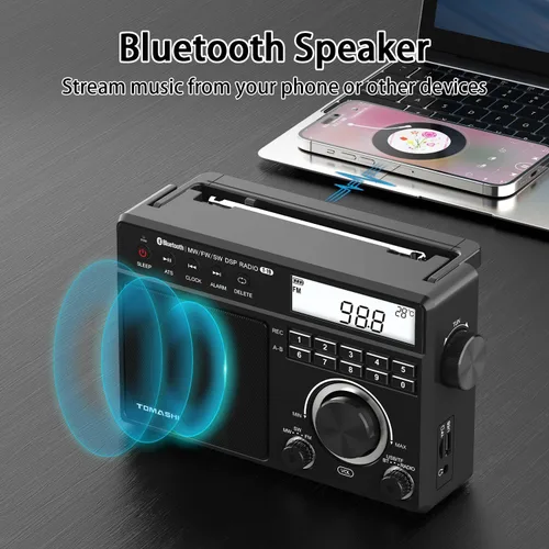 Miniatura 6 de TOMASHI Radio FM portátil de onda corta MW con Bluetooth, sintonización ATS, reloj y alarma, grabación, reproducción de MP3/WMA a través de tarjeta