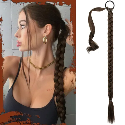 Miniatura 39 de Sofeiyan Extensión de cola de caballo de trenza larga con banda para el cabello, lacio, elegante, envolvente, extensiones de cabello trenzado, cola