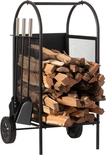 Carrito de leña para patio interior y exterior, con ruedas y juego de herramientas para chimenea, color negro