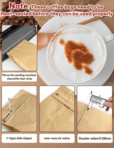 Miniatura 3 de FireKylin 50 piezas de bolsas de café con válvula, (16 oz, 1 lb) Bolsas de pie de papel, bolsas resellables con ventilación para almacenamiento