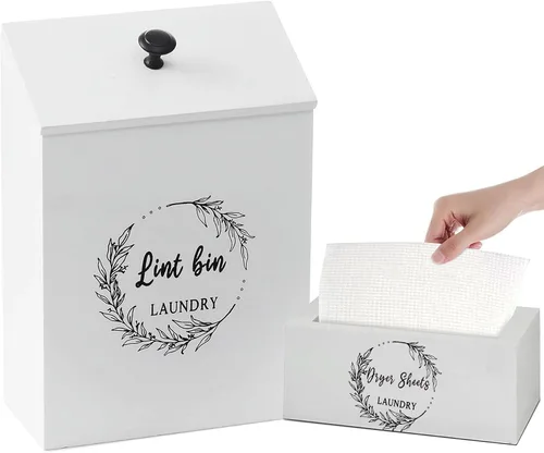Juego de contenedor magnético para pelusa y hojas para secadora para lavandería, cubo de basura de madera de granja con tapa y secadora, caja