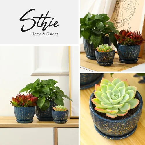 Miniatura 5 de STHIE - Macetas de cerámica con orificios de drenaje y platillos, macetas redondas azules para plantas de interior, diámetro 3.3/4.3/5.5 pulgadas, 1