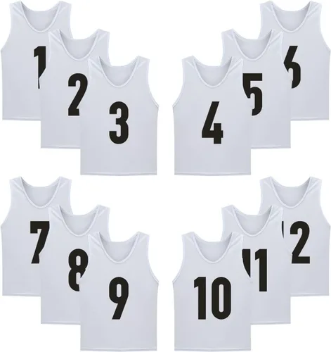 Miniatura 10 de Paquete de 12 (1-12) camisetas numeradas, baberos de fútbol, piñones para entrenamiento de equipo, para adultos, jóvenes y niños.