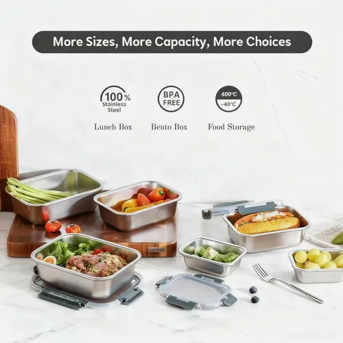 Miniatura 3 de Cuiselect 4 cajas de almuerzo de acero inoxidable de 4 tamaños, a prueba de fugas y aptas para lavavajillas, contenedores apilables de acero