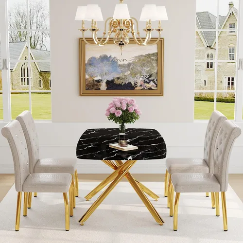 Miniatura 5 de Juego de mesa de comedor moderna para mesa de comedor negra de 4,63 pulgadas, juego de 4 con patas de metal dorado, mesa de cocina rectangular