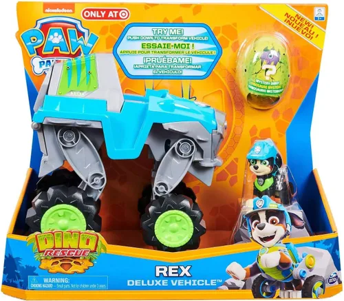 Patrulla Canina Dino Rescue Rex's Deluxe Rev Up vehículo con figura de dinosaurio misterioso