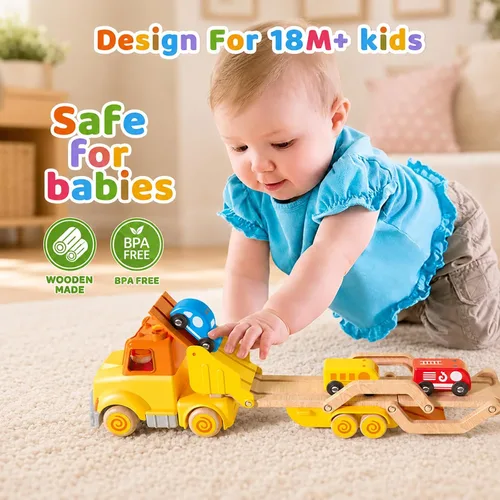Miniatura 2 de Juguetes de autos para niños pequeños de 2, 3, 4, 5 años, juguete de camión transportador con 4 vehículos de madera, remolque de pista plegable
