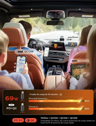 Miniatura 4 de LISEN - Cargador retráctil para automóvil, adaptador de cargador de automóvil USB C de 69 W, carga rápida para iPhone 16, 15, 14, 13, 12, Samsung