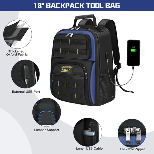 Miniatura 5 de AIRAJ Bolsa de herramientas rodante de 21 pulgadas con ruedas y juego de mochila de herramientas de 18 pulgadas Asa telescópica ajustable Bolsa