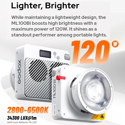 Miniatura 4 de Godox ML100Bi - Luz de video LED de mano de 120 W con reflector de lente de 15 ° 2800K-6500K TLCI 98+/CRI 97+ Fotografía portátil de mano (ML100 Bi)
