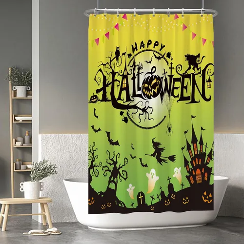 Miniatura 21 de Cortina de ducha de fantasma y gato negro para niños, 36 x 72 pulgadas, espeluznante y bonita, cortina de baño de Halloween con 6 ganchos, cortina