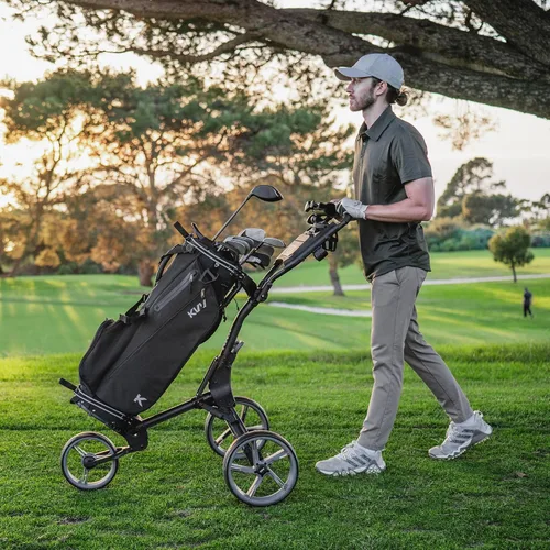 Miniatura 2 de KVV Carrito de empuje de golf de 3 ruedas ultra ligero tamaño plegable más pequeño, soporte para tarjeta de puntuación de nueva versión Gris