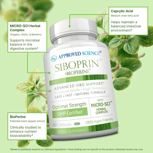 Miniatura 3 de Approved Science Siboprin - 60 cápsulas - Apoya el equilibrio intestinal, alivia la irritación intestinal, ayuda con calambres e hinchazón - Ácido