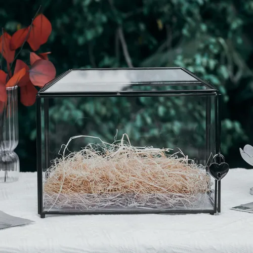 Miniatura 7 de NCYP Pequeña caja de tarjetas de cristal de boda con ranura y cerradura, 10.2 x 5.9 x 7.9 pulgadas, soporte geométrico negro para tarjetas