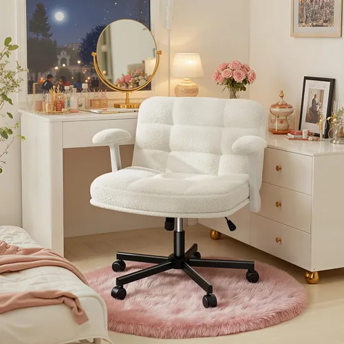 Miniatura 8 de DurayLoly Silla Criss Cross con Ruedas, Silla de Oficina con Reposabrazos Levadizos, Silla de Tocador para Dormitorio, Oficina en Casa, Apartamento