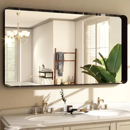 Miniatura 3 de Easly Espejo de baño negro de 48"x30" - Moderno espejo negro para pared con esquinas redondeadas, espejos de baño para tocador, espejo enmarcado
