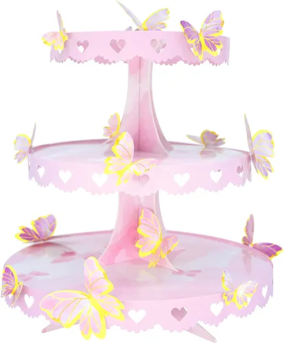 Soporte para cupcakes de mariposa de 3 niveles, decoración de mariposa rosa, soporte para cupcakes de princesa, torre de postre para bodas,