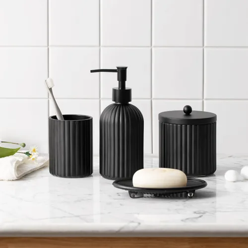 Miniatura 2 de Juego de 4 accesorios de baño de vidrio pesado con patrón decorativo prensado, incluye dispensador de jabón de mano, vaso, jabonera y soporte