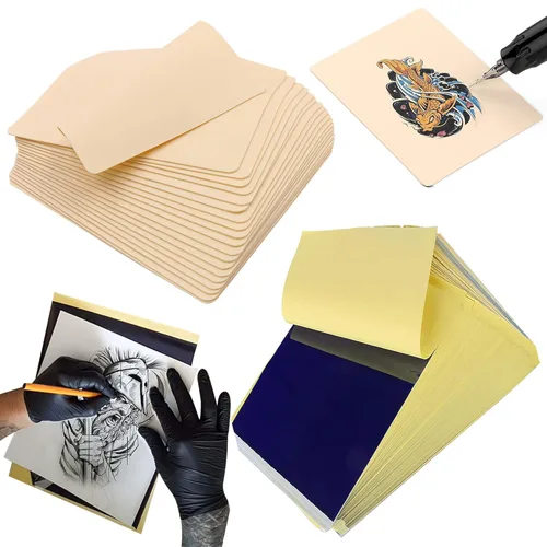 Rayyl 20 piezas de piel para practicar tatuajes con kit de papel de transferencia - Incluye 5 piezas de piel falsa para practicar tatuajes y 15