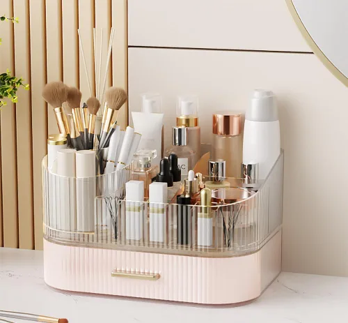 Miniatura 9 de Organizador de maquillaje giratorio de 360° con cajón, exhibición de almacenamiento de cosméticos de acrílico transparente, contador de belleza