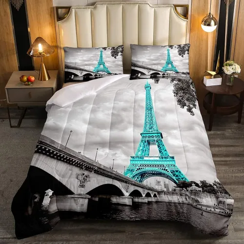 Miniatura 32 de kxry Juego de edredón de París, tamaño Queen, color rosa, Torre Eiffel Sena, ropa de cama estilo francés, edredón de paisaje urbano de París